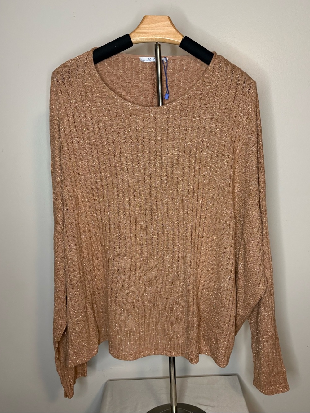 Zara Shimmery Ribbed Crew Sweater in Camel